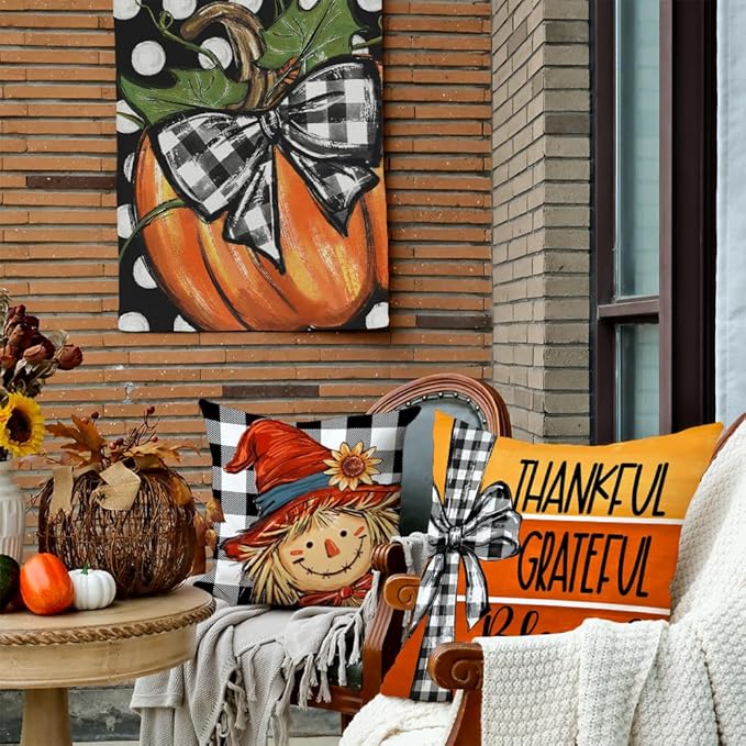GEEORY Fall Throw Pillow Covers 16x16 Inch Set of 4, Pumpkin Scarecrow Buffalo Plaid Orange Autumn Seasonal Decorative Farmhouse Decoration for Home G563-16