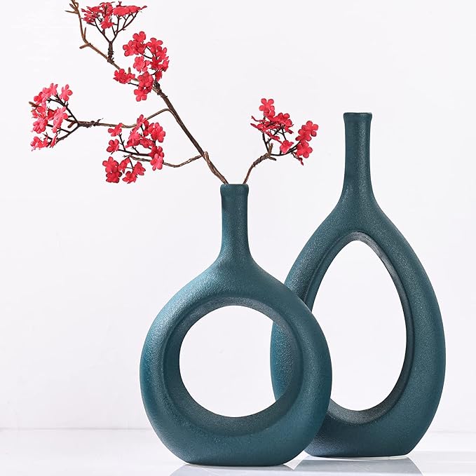 Green Ceramic Hollow Elliptical Vase Set of 2 - Boho Circle Vase with Hole, for Modern Green Table Decor, Living Room Decor Shelf mid Century Modern Home Entrance Decorative vase