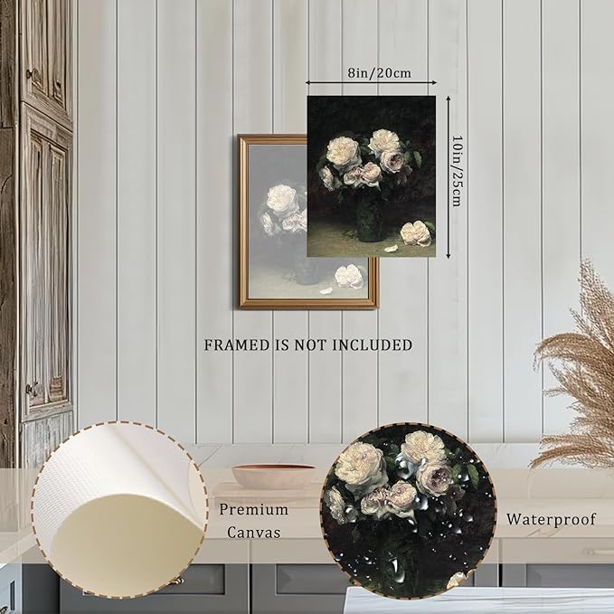 RETRART Vintage Wall Art, Dark Flower Art Print - Vintage Flower Pictures Decor Aesthetic - 8" x 10" Unframed Canvas Prints for Bedroom Living Room Bathroom Roses in a Glass