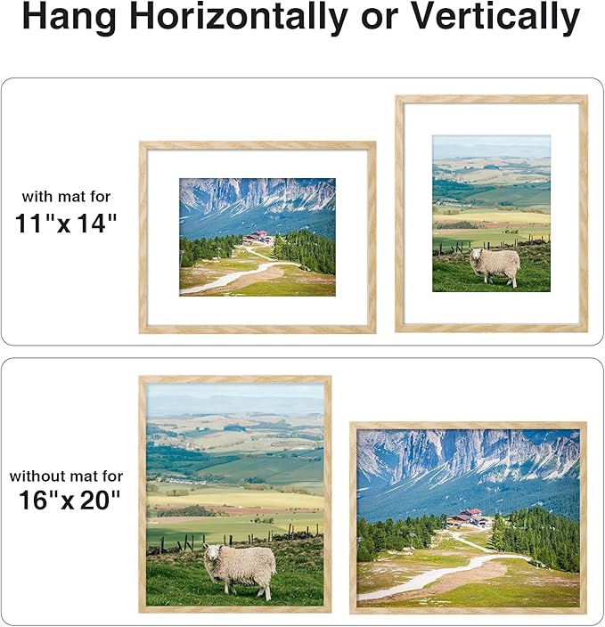 Vittanly 16x20 Picture Frame for Wall, Plexiglass, Displays Poster 11x14 with Mat or 16x20 without Mat, PVC Frame Material, Horizontal or Vertical Hanging, 1 Pack, Natural