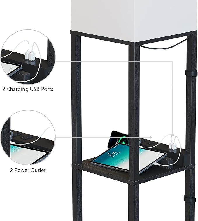 SUNMORY Shelf Lamp with Remote Control, Stepless Color Temperature & Dimmable, Floor Lamp with Shelves with 2 Usb Charging Ports and 2-Hole Socket, Solid Wood Tall Lamps for Living Room, Bedroom,Black