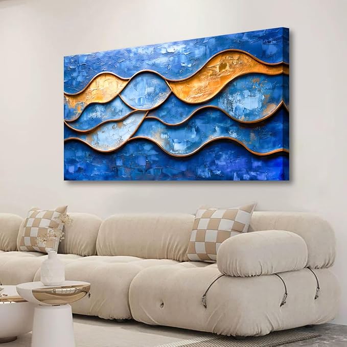 Abstract Pictures Canvas Wall Art for Living room Office Bedroom Wall Decor, Linear Wall Art Print Paintings Modern Blue Golden Abstraction Artwork Waterproof Ready to Hang-20x40inch