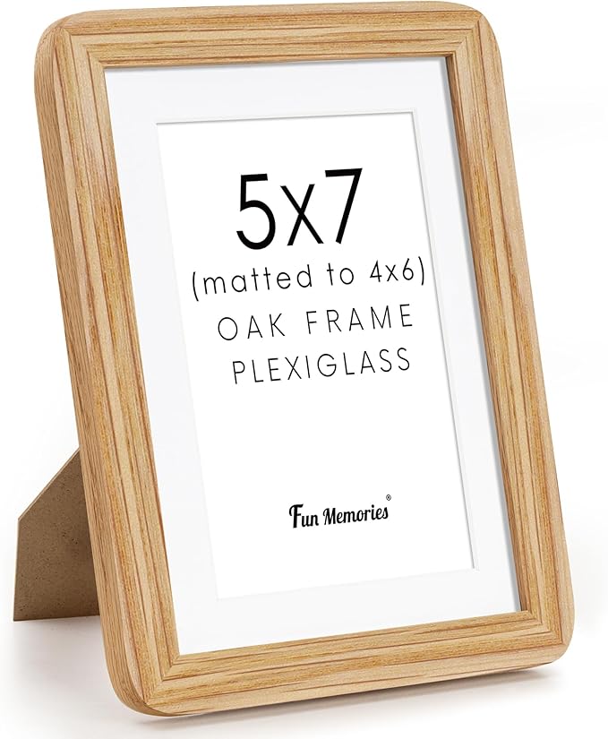 5x7 Picture Frame, 5 by 7 Photo Frames for Wall & Tabletop Display, Solid Oak Wood Frames with Plexiglass, 5x7 Frame Matted to 4x6, Light Wood 5 x 7 Gallery Wall Frame set, Natural Oak Color, 1 Pack