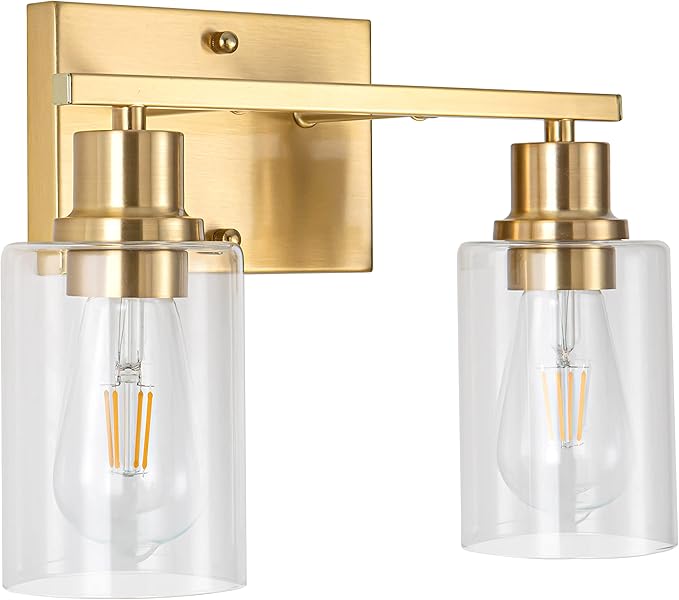 EMONG Gold Bathroom Light Fixtures, 2-Lights Brushed Brass Vanity Light with Clear Glass Shade, Modern Wall Sconces for Hallway, Farmhouse, Living Room