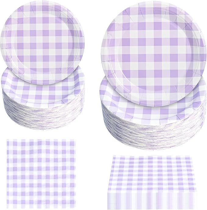 180Pcs Purple Gingham Party Supplies Paper Plates and Napkins Serve 60 Disposable Tableware Set for Birthday Party Decorations Game Day Family School Holiday Sports Events
