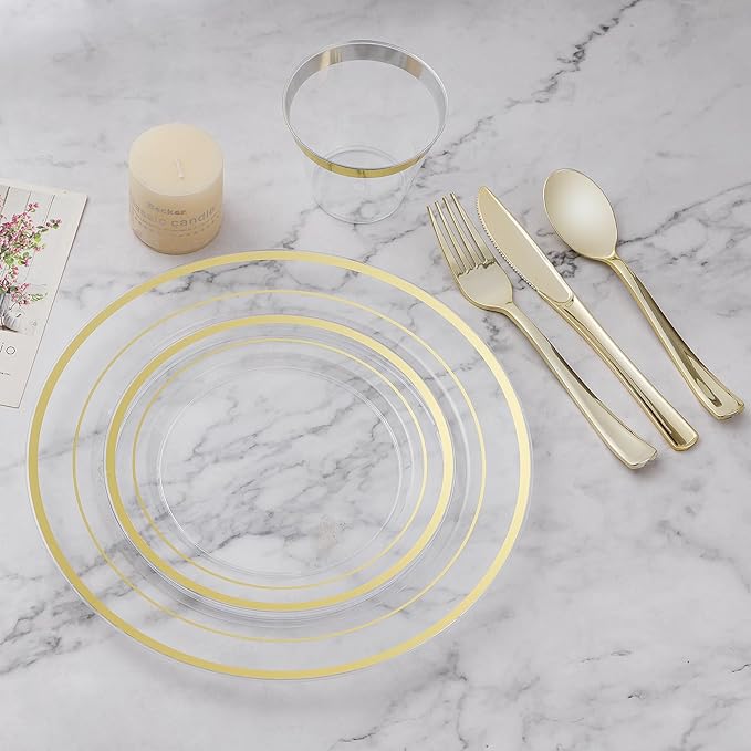 100PCS Clear Plastic Plates, 10.25 Inch Disposable Dinner Plate Party with Gold Rim, Heavy Duty Disposable Plastic Plates for Party, Wedding and Birthday, Christmas, Thanksgiving