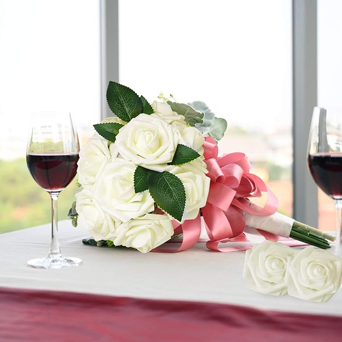 AmyHomie Artificial Flower Ivory Rose 25pcs Real Looking Fake Roses w/Stem for DIY Wedding Bouquets Centerpieces Arrangements Party Baby Shower Home Decorations