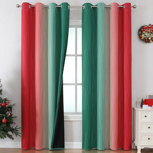 Estelar Textiler Red and Green Ombre Blackout Curtains for Sliding Door, Thermal Insulated Gradient Drapes 96 Inches Long, Full Light Blocking Curtains for Living Room/Bedroom, 52Wx96L, 2 Panels