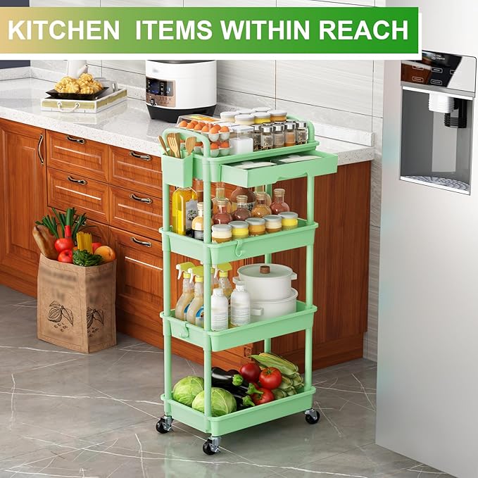 Goovilla 4 Tier Rolling Utility Cart Organizer with Removable Drawer, Stable and Sturdy Green Rolling Storage Carts with 2 Lockable Wheels for Bathroom, Kitchen, Snack, Craft, Makeup, Baby Essentials