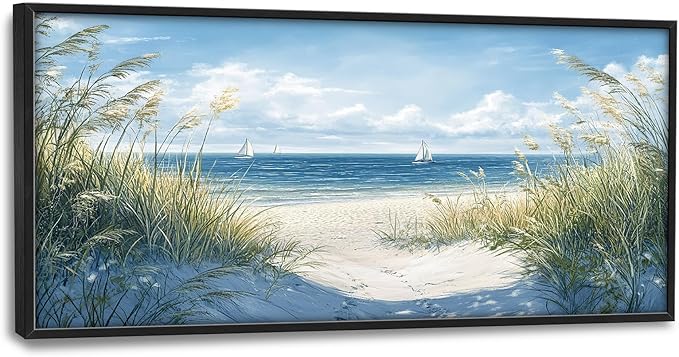 Framed Large Beach Wall Art for Living Room, Oversized Coastal Nautical Wall Decor Sailboat Canvas Seaside Pictures Modern Artwork Home Decoration for Living Room Bedroom Office 60"x30"