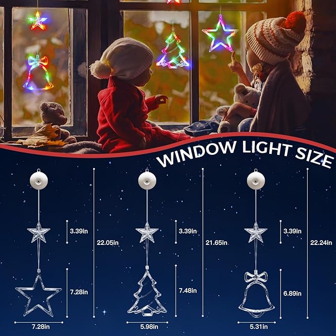 suddus Christmas Window Lights Decorations, 3Pcs Tree-Jingle Bell-Star Shaped Xmas Lights Battery Powered with Suction Cups & Timer, Hanging String Lights Indoor for Tree, Fireplace, Multicolor