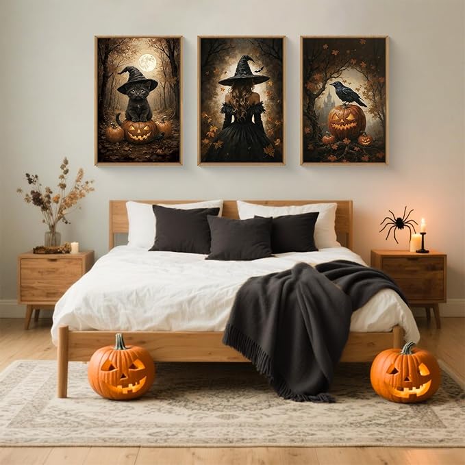 HOURIA Large Halloween Spooky Witch Black Cat Raven Framed Canvas Wall Art Set,Witchy Hat Pumpkin Wall Decor,Full Moon Autumn Forest Artwork,Dark Castle Art Prints for Living Room, Bedroom-24 x36 x3