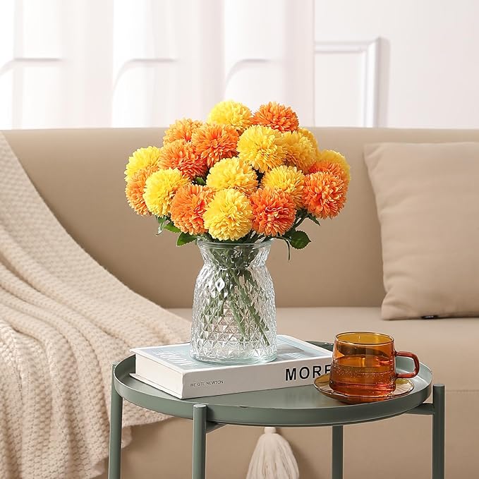 Floweroyal 24pcs Fall Flowers Artificial Chrysanthemum Ball Flower, Fake Mums Silk Hydrangea Flowers Bridal Wedding Bouquet for Home Garden Party Autumn Decor