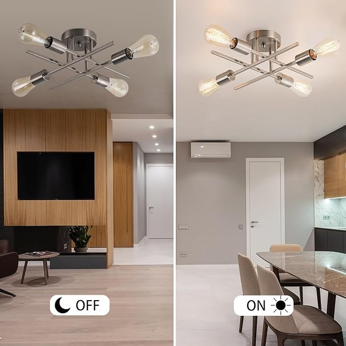 4-Light Modern Sputnik Chandeliers, Silver Mid Century Semi Flush Mount Ceiling Light Fixtures with E26 Base, Industrial Vintage Kitchen Farmhouse Light for Dining Room Bedroom Living Room
