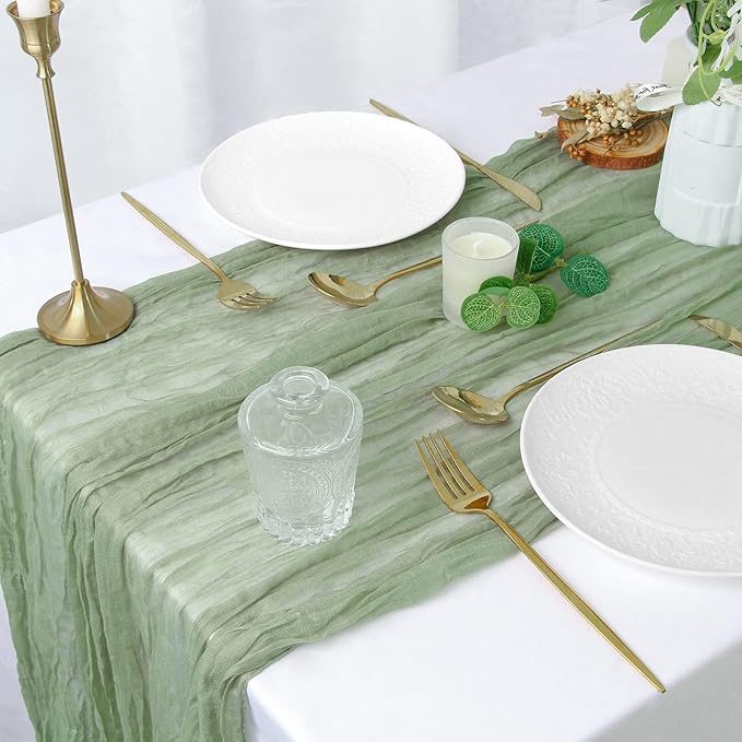 FEXIA 10 Pack Sage Green Table Runner 35x120 Inches for Baby Shower Decoration St. Patrick's Day Gauze Table Runner for Wedding Party Engagement Bridal Shower Boho Decoration (Sage Green)