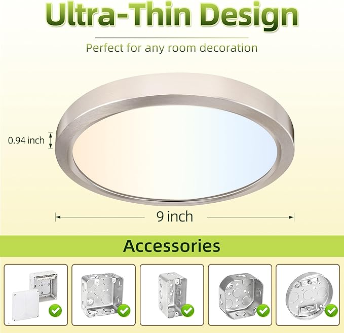 hykolity 2 Pack 9 Inch Selectable CCT LED Round Flat Panel Light, 18W 1800LM 3000K/4000K/5000K, Edge-Lit Flush Mount Ceiling Light Fixture for Kitchen, Bedroom, Laundry and Closet Room,Brush Nickel