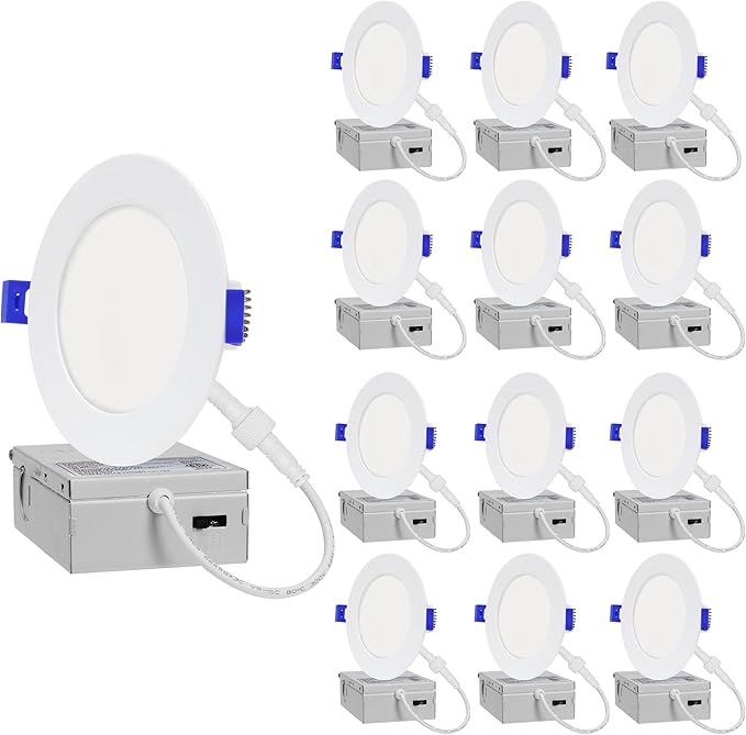 12-Pack of 4-Inch Slim LED Recessed Lights with Junction Box, Adjustable Color Temperatures (2700K-5000K), 9W Equivalent to 75W, Dimmable, 950LM Brightness - ETL and Energy Star Certified