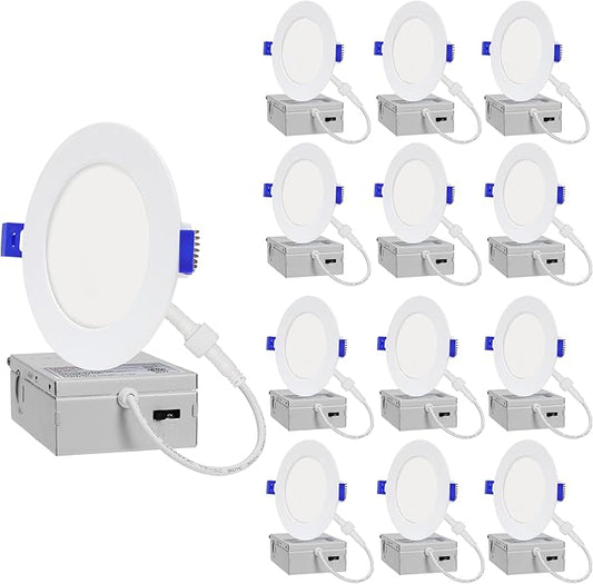 12-Pack of 4-Inch Slim LED Recessed Lights with Junction Box, Adjustable Color Temperatures (2700K-5000K), 9W Equivalent to 75W, Dimmable, 950LM Brightness - ETL and Energy Star Certified