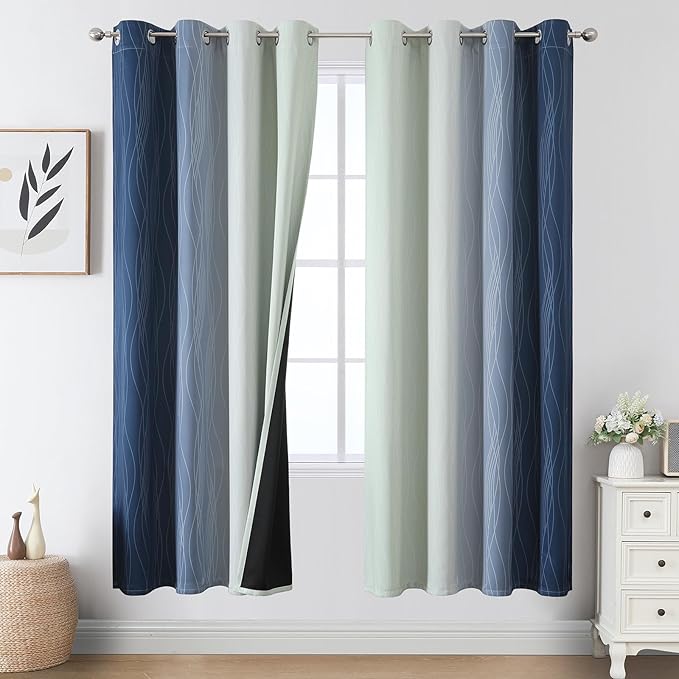 Estelar Textiler Navy Blue and Sage Green Ombre Blackout Curtains 72 Inch Length 2 Panels, Full Room Darkening Grommet Curtains for Bedroom, Thermal Insulated Light Blocking Gradient Drapes,52Wx72L