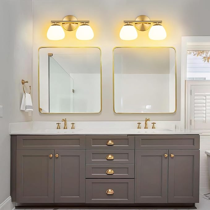 Modern 2 Light Bathroom Vanity Light Gold Vanity Light Bathroom Light Fixtures Over Mirror with Milk Glass Shade Bathroom Vanity Lighting Fixtures