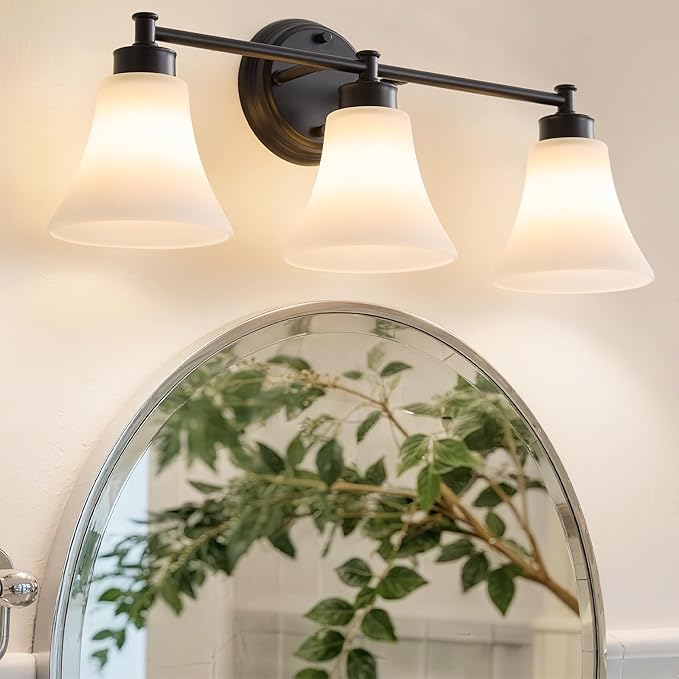 LOUSACE 3 Light Bathroom Vanity Light Matte Black Bathroom Lighting Fixtures Over Mirror with Opal White Frosted Glass, Vintage Traditional Wall Lighting Fixture Vanity Sconces Light for Bedroom