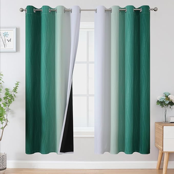 Estelar Textiler Green and Greyish White Blackout Curtains for Living Room, Full Room Darkening Grommet Ombre Curtains for Bedroom, Thermal Insulated Light Blocking Gradient Drapes, 52Wx72L, 2 Panels