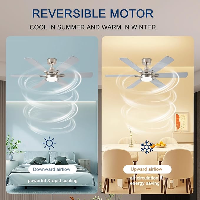 52in Ceiling Fans with Lights RGB Ceiling Fan with Light and Remote/APP Control,Low Profile Ceiling Fans with Lights for Bedroom,Living Room,Kids Room,3CCT Dimmable Modern Ceiling Fan, 8 Speeds,Nickel
