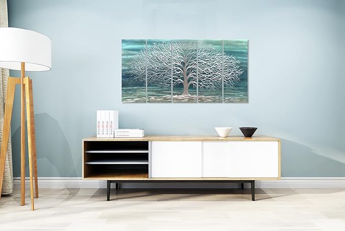 Yihui Arts Large Metal Wall Art Handcrafted Aesthetic Tree Pictures on Aluminum 5 Panels Teal and Silver Abstract Landscpae Artwork for Living Room Bedroom Dinning Decor