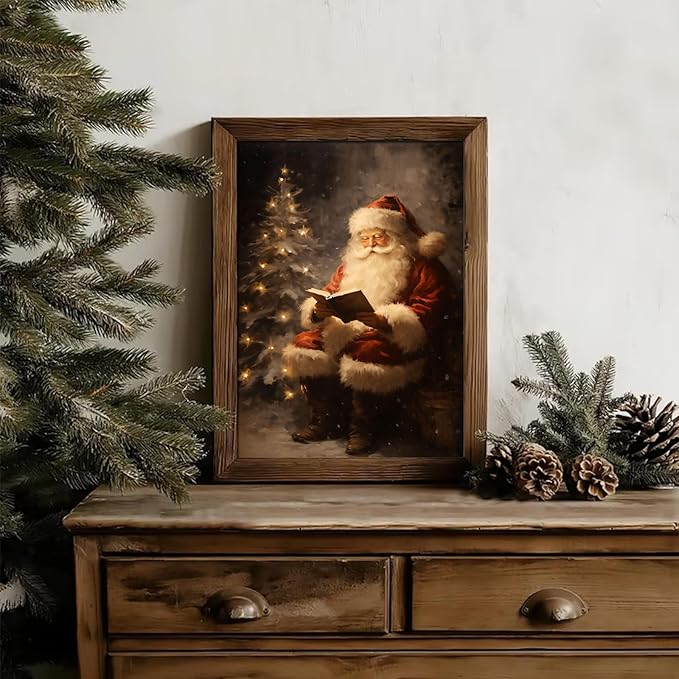 RETRART Christmas Wall Art Vintage Holiday Canvas Print with Santa Claus Christmas Tree, Christmas Pictures Wall Decor Waterproof Fade-Resistant Oil Painting Decor for Living Room, Bedroom(8"x10")