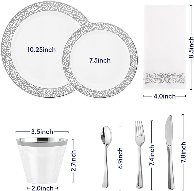 πππ Count Silver Plastic Dinnerware, Silver Disposable Plates, Includes 30 Dinner & 30 Dessert Plates & 30 Cups & 30 Paper Napkins & 30 Plastic Silverware Set