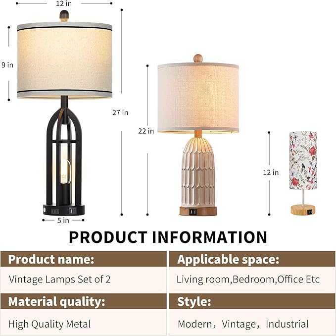 27" Rustic Table Lamps for Living Room - Farmhouse Lamps Set of 2 with USB C+A & Outlet, 3-Way Dimmable Touch Lamps for Night Stands, Vintage Bedside Lamp for End Tables,Bedroom,Bronze