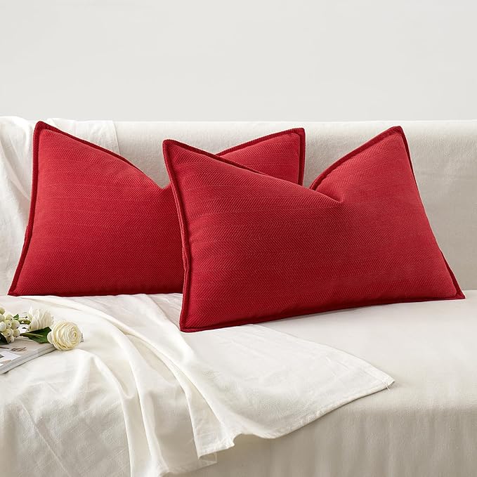 MIULEE Pack of 2 Red Decorative Lumbar Pillow Covers 12x20 Inch Soft Chenille Luxurious Couch Throw Pillows Farmhouse Cushion Covers with Elegant Design for Sofa Bedroom Living Room Home Decor