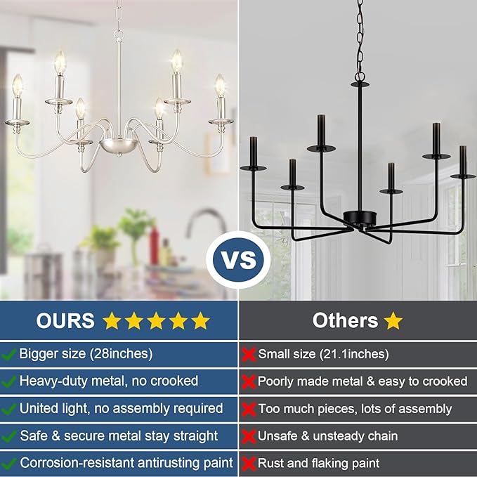 Depuley Modern Chandelier for Dining Room: 6-Light Brushed Nickel Farmhouse Hanging Ceiling Pendant Light Fixture for Kitchen Island - Industrial Vintage Candle Chandeliers for Living Room