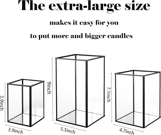 Hurricane Candle Holder 3 PCS, Black Glass Candle Holder Square Hurricane Candle Centerpieces for Tables Decorative, Wedding, Party