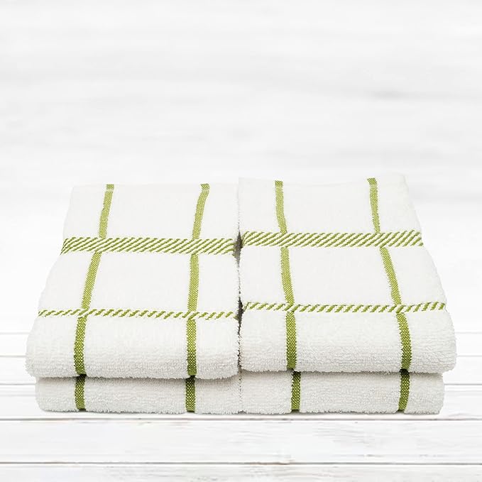 100% Cotton Terry Dish Towels, 4 Pack Checks, 16 x26 Inches, Super Soft and Absorbent Kitchen Towels, Perfect for Kitchen Cleaning and Dish Washing | Green