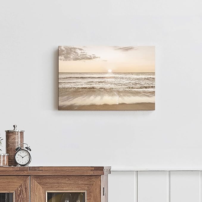 Coastal Beach Canvas Wall Art: Sea Waves Painting Sunset Ocean Scenery Pictures Contemporary Tropical Nature Photography Prints Modern Seascape Artwork for Bedroom Bathroom Living Room