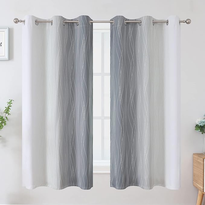 Estelar Textiler Full Room Darkening Greyish White and Grey Blackout Curtains 63 Inch Length 2 Panels Set, Ombre Thermal Insulated Full Light Blocking Grommet Gray Blackout Drapes for Bedroom, 42Wx63L