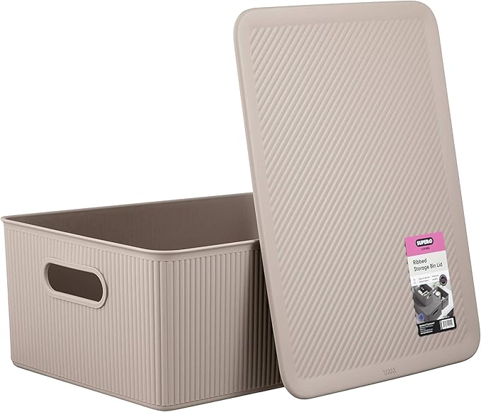 Superio Ribbed Collection - Decorative Plastic Lidded Home Storage Bins Organizer Baskets, Large Taupe (1 Pack - 15 Liter) Stackable Container Box, for Organizing Closet Shelves Drawer Shelf