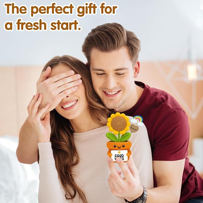 Crochet Sunflower Desk Gift – Good Vibes Affirmation Plush – Positive Energy Decor for Coworker, Teacher, Friend, Employee,– Motivational Pick-Me-Up for Women, Men