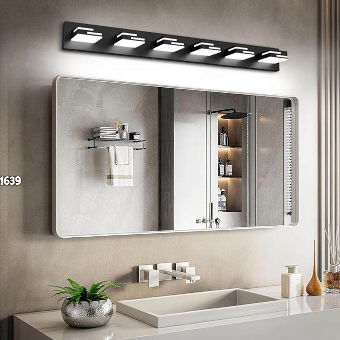 LED Modern Bathroom Vanity Light Fixtures, 6-Light 40-inch Dimmable Matte Black Vanity Lights for Bathroom Lighting Fixtures Over Mirror, with 350° Rotatable Acrylic Heads (Cool White 6000K)