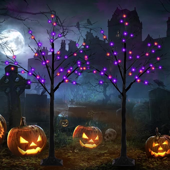 2-Pack 4FT Lighted Black Halloween Tree with 96 LED Orange & Purple Lights, Higher Size, Timer Function Halloween Trees Lights Spooky Tree for Indoor & Outdoor Halloween Decorations Home Party Decor