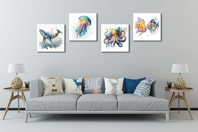 Colorful Marine Life Canvas Wall Art for Bathroom Decor, Green Jellyfish Picture Print, Watercolor Fish Artwork Sea Life Blue Orange Octopus Painting Poster for Bedroom Living Room Decoration 16"x16"