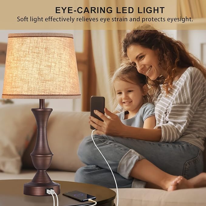 Touch Table Lamps Set of 2, 22" Tall Bedside Lamps with USB C+A Ports, 3-Way Dimmable Table Lamp, Nightstand lamps for Bedroom, Living Room, Office, Brown Lamps with Beige Lampshade, Bulbs Included