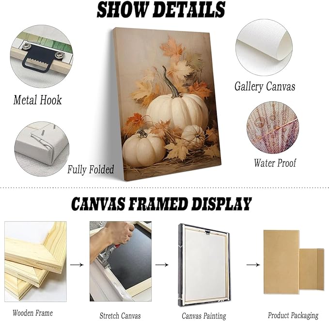 Framed Fall Wall Decor Pumpkin Still Life Canvas Print Poster Rustic Fall Art Vintage Autumn Wall Art Halloween Autumn Decor Thanksgiving 16x24 framed