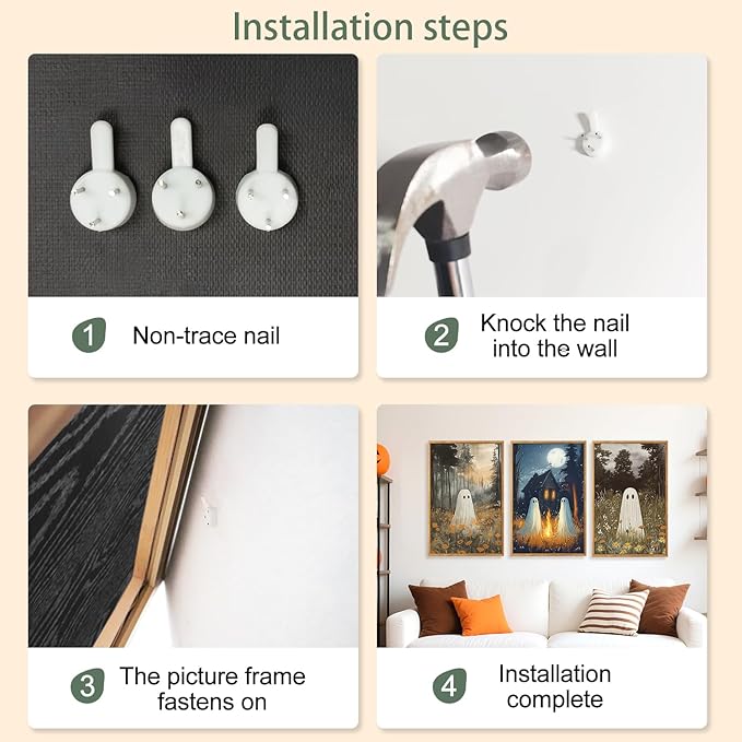 CHDITB Spooky Ghost Framed Canvas Wall Art Set, Halloween Party Gothic Wall Decor, Moonlit Cabin Art Cute Ghost Wall Painting, Vintage Country Landscape Art Prints for Living Room Bedroom 16"x24"x3