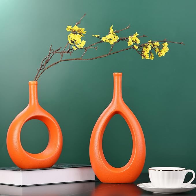 Orange Ceramic Hollow Elliptical Vase Set of 2 - Boho Circle Vase with Hole, for Modern Orange Table Decor, Living Room Decor Shelf mid Century Modern Home Entrance Decorative vase