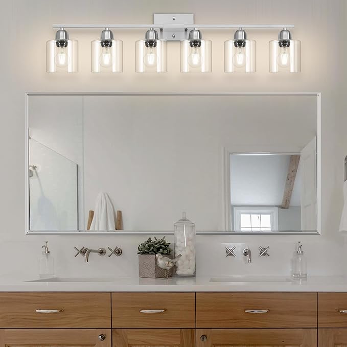 Brushed Nickel Vanity Light, 6 Light Bathroom Lighting Fixtures Over Mirror with Clear Glass, 38 inch Bathroom Light for Oversized Mirrors, E26 Socket
