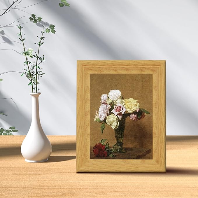 Brivoria Framed Canvas Wall Art Vintage Decor, Rustic Autumn Floral Still Life with Colorful Roses in Fluted Vase and Warm Tones for Bedroom Entryway Kitchen Bookshelf or Bathroom Fall Display, 8"x10"