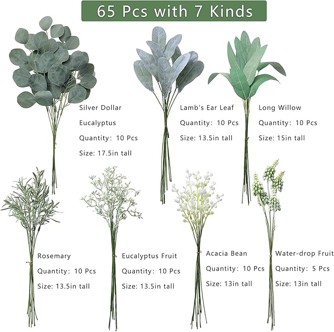 YXZZWL Artificial Greenery Stems Box Set,65 Pcs with 7 Kinds of Faux Greenery Branches Fake Eucalyptus for Wedding DIY Bouquets Floral Arrangement Table Centerpieces (Dusty Green)