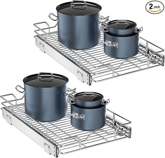 OCG Pull Out Cabinet Organizer 2 Pack (15" W x 21" D), Pull out Shelves 1 Tier, Cabinet Slide Out Shelves for Base Cabinet Organization in Kitchen Bathroom Pantry, Bottom Mount, Chrome Finish